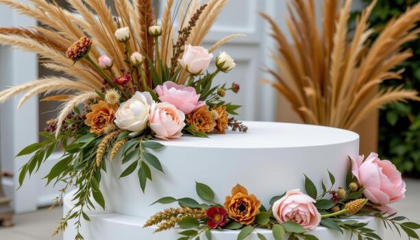 close up view of a podium styled with a boho chic vibe, using pampas grass, dried flowers, and touches of fresh peonies. photo