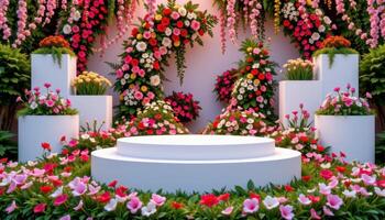 close up view of a podium surrounded by elevated floral platforms creating a layered garden like display. photo