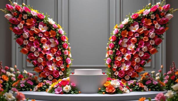 close up view of a podium nestled between two floral sculptures shaped like wings made of petals and vines. photo