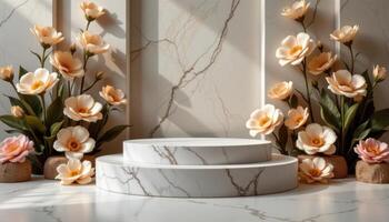 close up view of a podium with art deco lines, surrounded by precisely arranged sculptural flower forms. photo