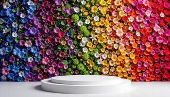 close up view of a podium backed by a curved flower wall displaying a full spectrum of floral colors from left to right. photo