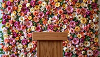 close up view of a podium backed by a handwoven floral tapestry made from fresh and dried blooms in intricate patterns. photo