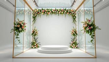 close up view of a podium inside a glass cube with floral arrangements climbing each interior wall toward the top corners. photo