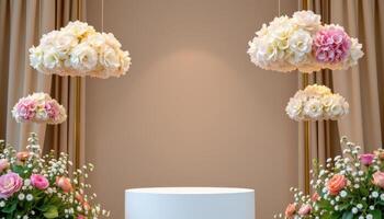 close up view of a podium framed by suspended flower clouds made of hydrangeas and baby's breath. photo