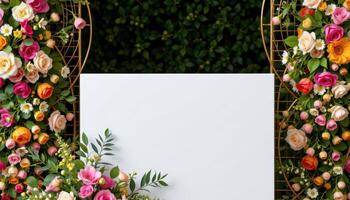 close up view of a podium paired with floral panels made of wire mesh and tightly packed blooms. photo