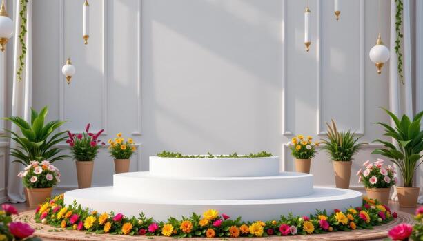 close up view of a podium elevated slightly on a platform adorned with fresh garlands and flower pots. photo