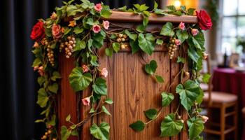 close up view of a podium decorated in a vineyard theme, with grapevines and wine colored blooms wrapping around it. photo
