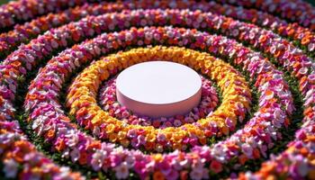close up view of a podium at the center of a spiral flower path, leading up to its base in an elegant pattern. photo