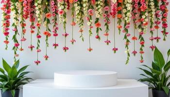 close up view of a podium with a backdrop of hanging single stem florals spaced evenly in a grid pattern. photo