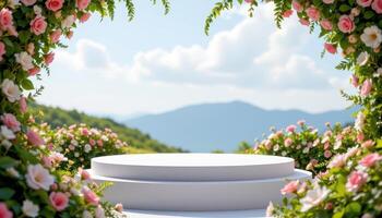 close up view of a podium surrounded by semi circular floral arcs forming a soft, blooming enclosure. photo