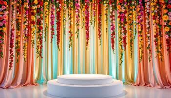 close up view of a podium surrounded by vertical strips of hanging floral garlands shades. photo