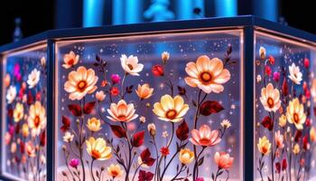 close up view of a podium that features floral accents embedded into glass panels, glowing from within. photo