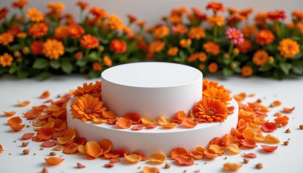 close up view of a podium elevated slightly above a bed of petals, encircled by marigolds and zinnias arranged in a gradient of warm tones. photo