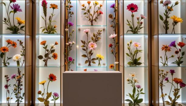 close up view of a podium backed by a wall of pressed florals encased in transparent panels, illuminated with soft warm backlighting. photo