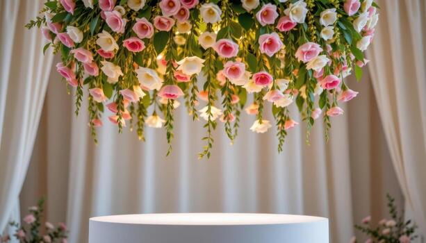 close up view of a podium under a floating flower chandelier with layers of suspended blossoms hanging from invisible wires. photo