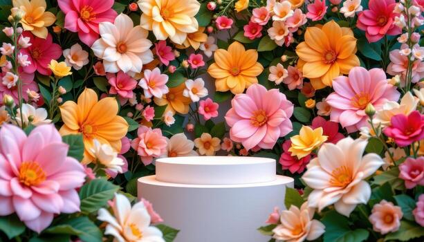 close up view of a podium positioned among oversized paper flowers mixed with real arrangements for a surreal display. photo