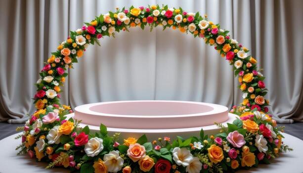 close up view of a podium bordered with floral garlands winding upward from its base in a spiraling design. photo