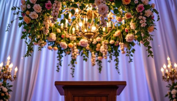 close up view of a podium beneath a floral chandelier made of intertwined vines, flowers, and soft glow lights. photo
