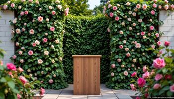 close up view of a podium placed between two tall trellis walls overgrown with vines, blossoms, and climbing roses. photo