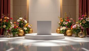 close up view of a podium with hidden lighting casting shadows of the surrounding flower arrangements onto the floor. photo