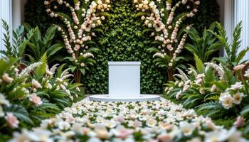 close up view of a podium centered on a floral aisle, adorned with ferns and light pastel flowers in a radial pattern. photo