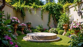 close up view of a podium placed in a walled garden filled with structured floral planters and shaded greenery. photo