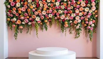 close up view of a podium placed before a wall of hanging florals, arranged in a gentle color fade from top to bottom. photo