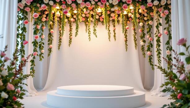 close up view of a podium placed under a canopy of hanging roses and jasmine strands with subtle overhead lighting. photo