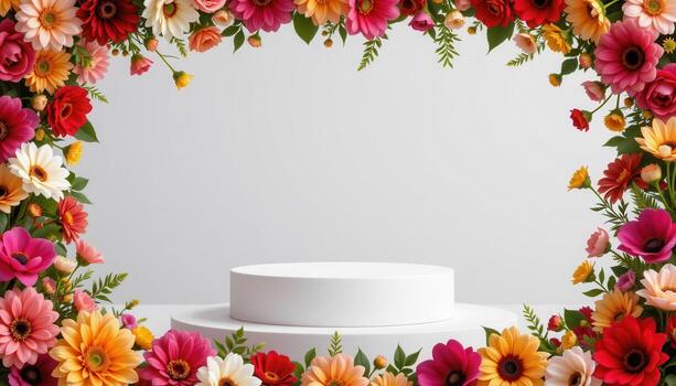 close up view of a podium encircled by a floral frame of dahlia, camellia, and anemone in rich vibrant shades. photo
