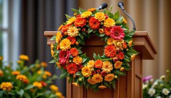 close up view of a podium featuring a large floral wreath made of marigolds and zinnias resting gently on its front panel. photo