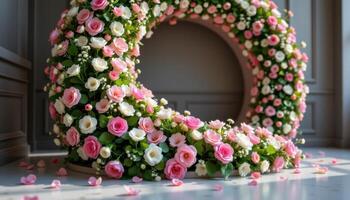 close up view of a podium integrated into a spiral floral display with pink and white blossoms gently rising from the floor. photo