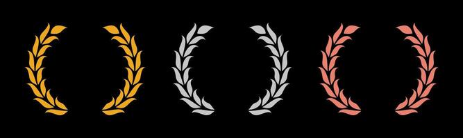 Laurel wreath of victory icon, set of gold, silver, and bronze medals on black background, laurel frame ranking decoration vector