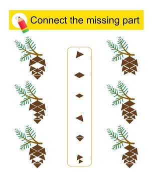 Connect the missing part. Attention task for kids. Cartoon pine cones. vector