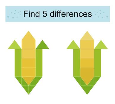 Find 5 differences. Cartoon corns. Logic puzzle game for kids. vector
