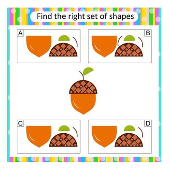 Puzzle for children. Attention task. Find the correct set of cartoon acorn. Answer is D. vector