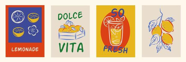 Lemon, limoncello and lemon slices in mediterranean frames set. elegant colorful doodle illustration of lemons, label for poster, invitation, placard. Italian style vacation flat illustration vector