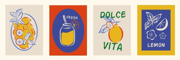 Lemon, limoncello and lemon slices in mediterranean frames set. Modern elegant colorful doodle illustration of lemons, label for poster, invitation, placard. Italian style vacation illustration vector
