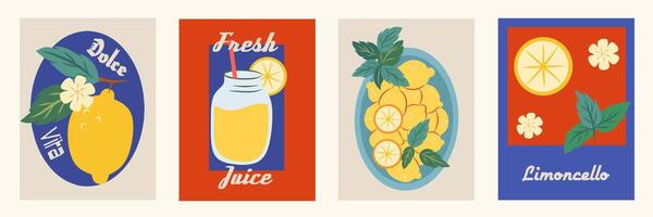Lemon, limoncello and lemon slices in mediterranean frames set. elegant colorful doodle illustration of lemons, label for poster, invitation, placard. Italian style vacation modern illustration vector