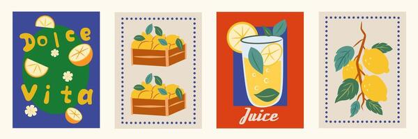 Lemon, limoncello and lemon slices in mediterranean frames set. elegant colorful doodle illustration of lemons, label for poster, invitation, placard. Italian style vacation illustration vector