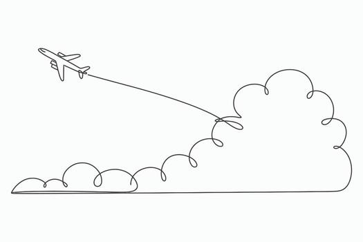 Single line drawing of an airplane flying through clouds isolated on white background vector