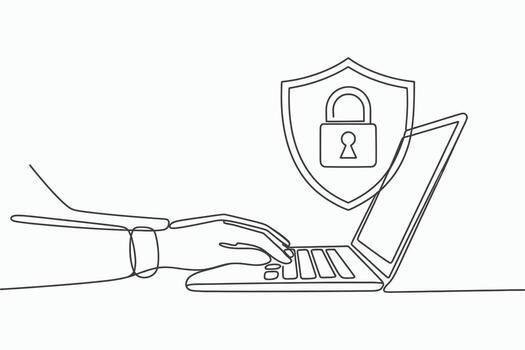 Continuous line drawing of a hand typing on a laptop with a security shield and lock isolated on white background vector