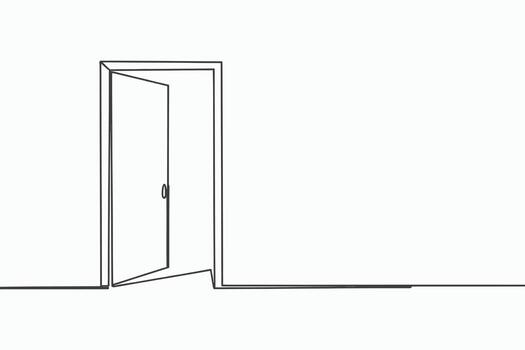 Minimalist single line drawing of an open door with a handle isolated on white background vector