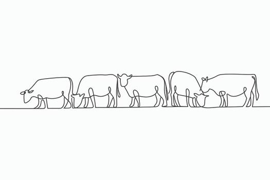 Minimalist line drawing of cows grazing in a field vector