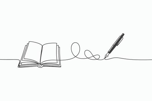 Continuous line drawing of an open book and a fountain pen writing isolated on white background vector