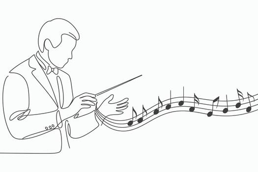 Conductor leading orchestra with musical notes in a continuous line drawing isolated on white background vector