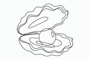 Simple line drawing of an open oyster shell with a pearl isolated on white background vector