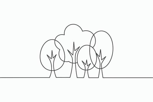 Minimalist continuous line drawing of a cluster of trees isolated on white background vector