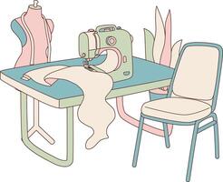 Blue, green and pink set up desktop sew office room for architect inspiration. vector