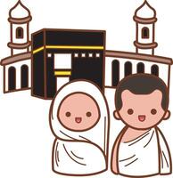 A mother and father goes to kabah. Hand drawn of moslem or Islam elements. vector