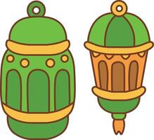 A green and yellow lantern. Hand drawn of moslem or Islam elements. vector